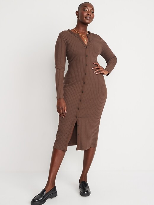 Image number 5 showing, Fitted Rib-Knit Midi Button-Front Dress
