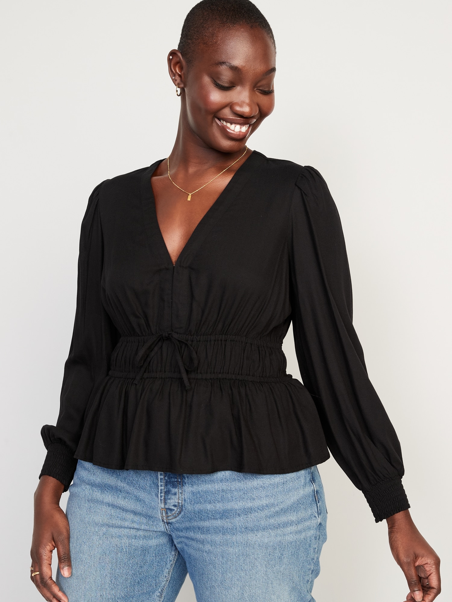 Waist-Defined Smocked Tie-Front Blouse | Old Navy