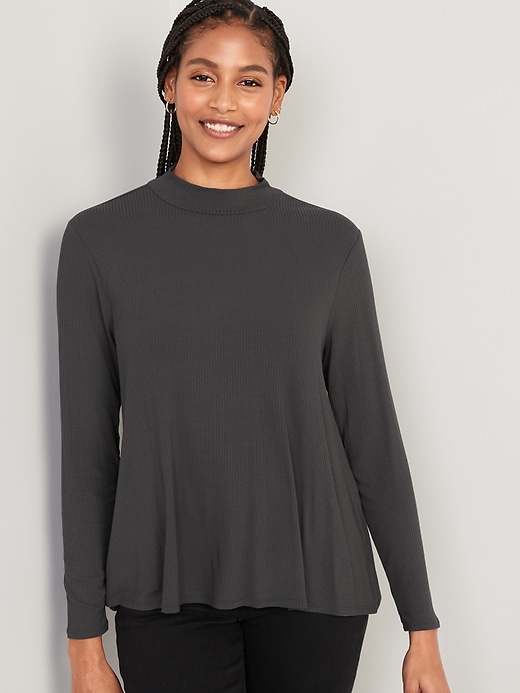 Image number 1 showing, Luxe Mock-Neck Rib-Knit Swing T-Shirt