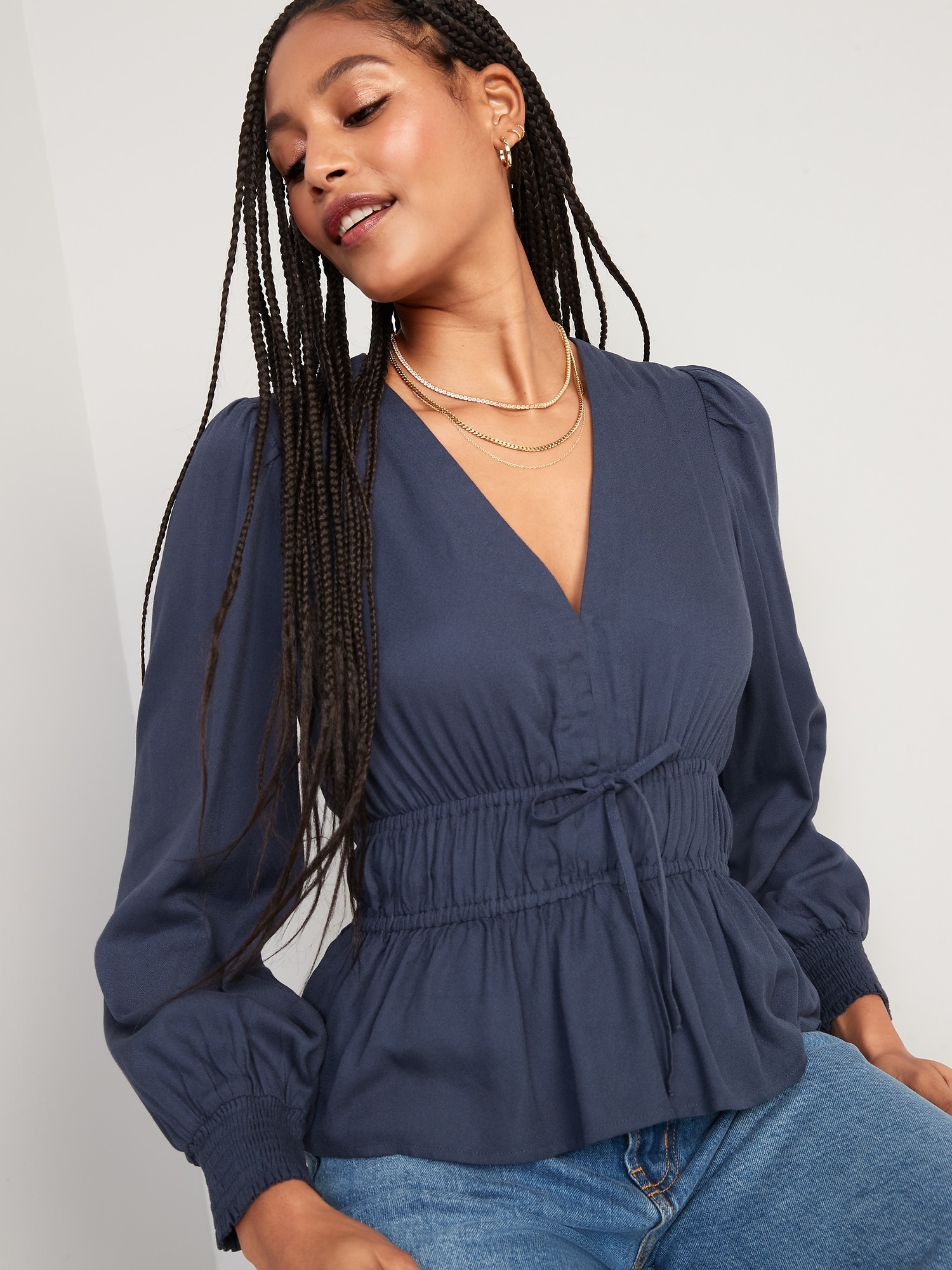 Waist-Defined Smocked Tie-Front Blouse for Women | Old Navy