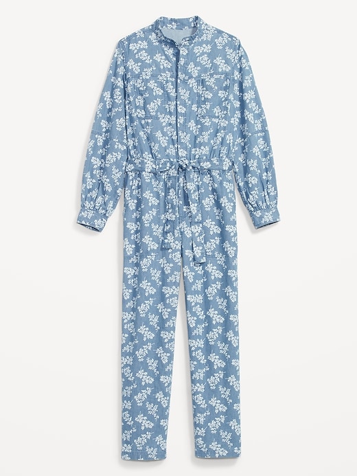 Image number 4 showing, Waist-Defined Floral Utility Non-Stretch Jean Jumpsuit