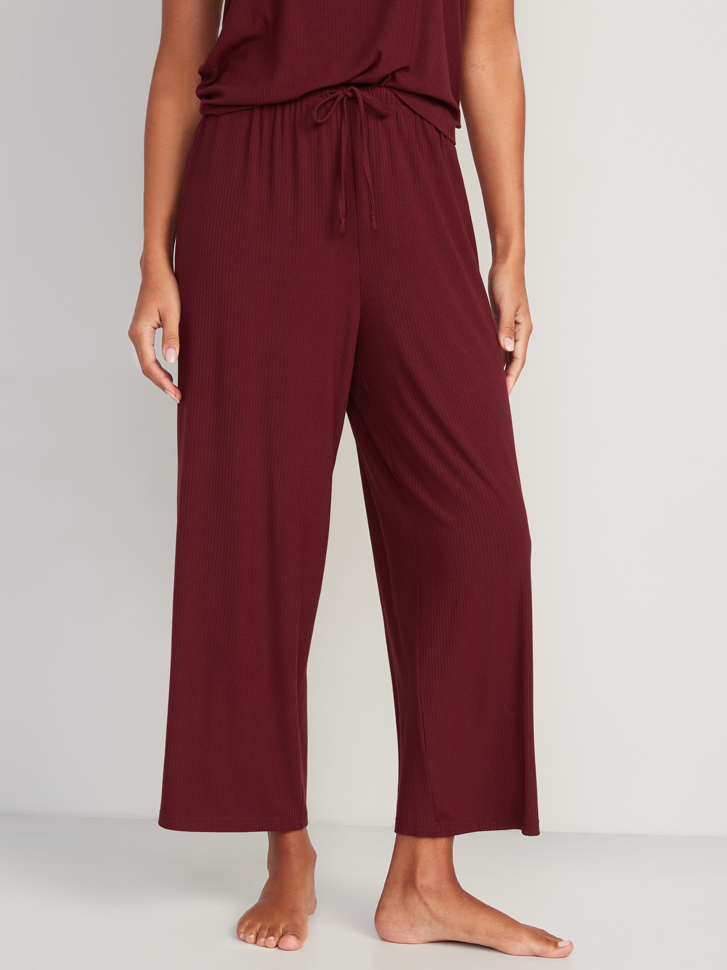 Old Navy Sunday Sleep High-Waisted Cropped Rib-Knit Wide-Leg Lounge Pants for Women red. 1