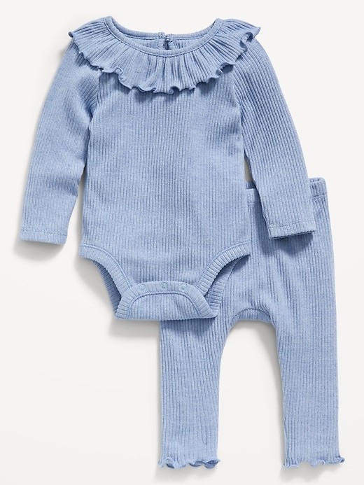 View large product image 1 of 2. Unisex Long-Sleeve Ruffle-Trim Rib-Knit Bodysuit & Pants Set for Baby