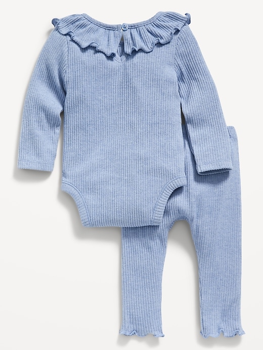 View large product image 2 of 2. Unisex Long-Sleeve Ruffle-Trim Rib-Knit Bodysuit & Pants Set for Baby