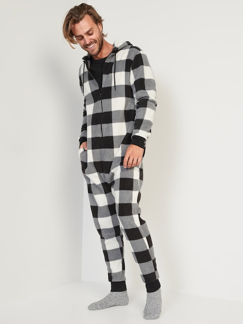 Gender-Neutral Matching Print Microfleece One-Piece Pajamas for Adults - Black Buffalo Plaid (Match The Fam)