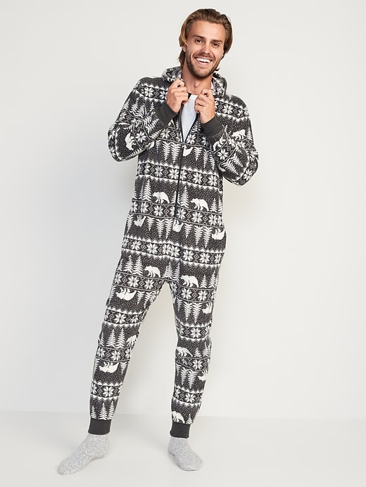 Image number 1 showing, Gender-Neutral Matching Print Microfleece One-Piece Pajamas for Adults