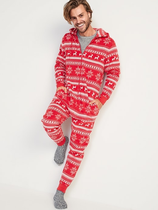 Image number 1 showing, Gender-Neutral Matching Print Microfleece One-Piece Pajamas for Adults