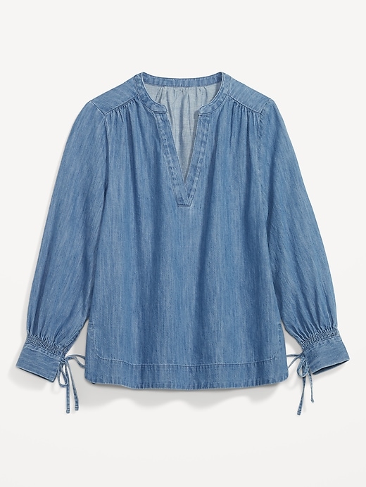 Image number 4 showing, Split-Neck Puff-Sleeve Jean Blouse for Women