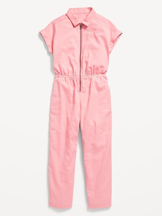 View large product image 1 of 2. Short-Sleeve Cinched-Waist Twill Utility Jumpsuit for Girls