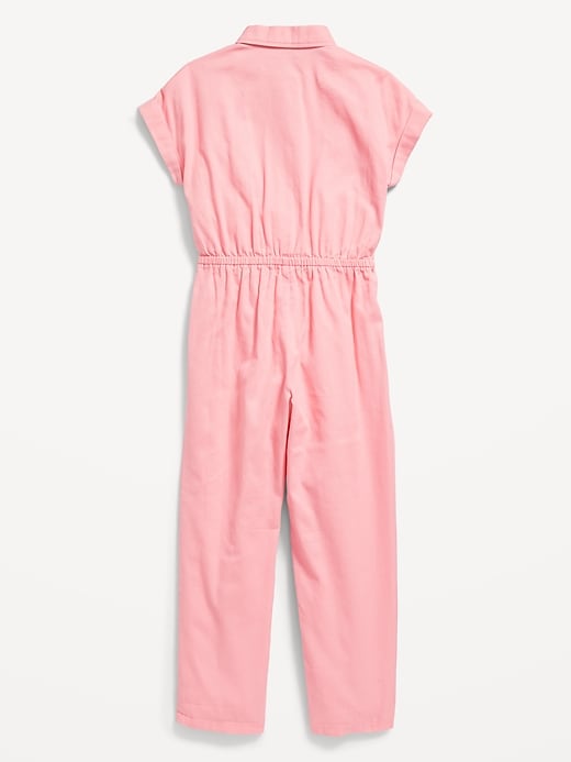 View large product image 2 of 2. Short-Sleeve Cinched-Waist Twill Utility Jumpsuit for Girls