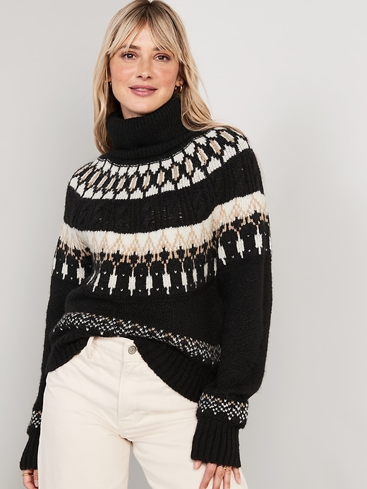 Image number 1 showing, Cozy Fair Isle Cable-Knit Turtleneck Sweater for Women