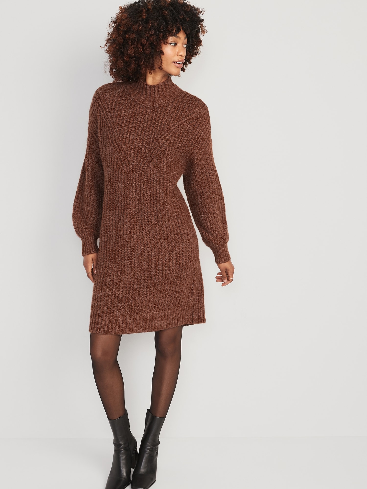 Long-Sleeve Relaxed Mock-Neck Mini Sweater Shift Dress