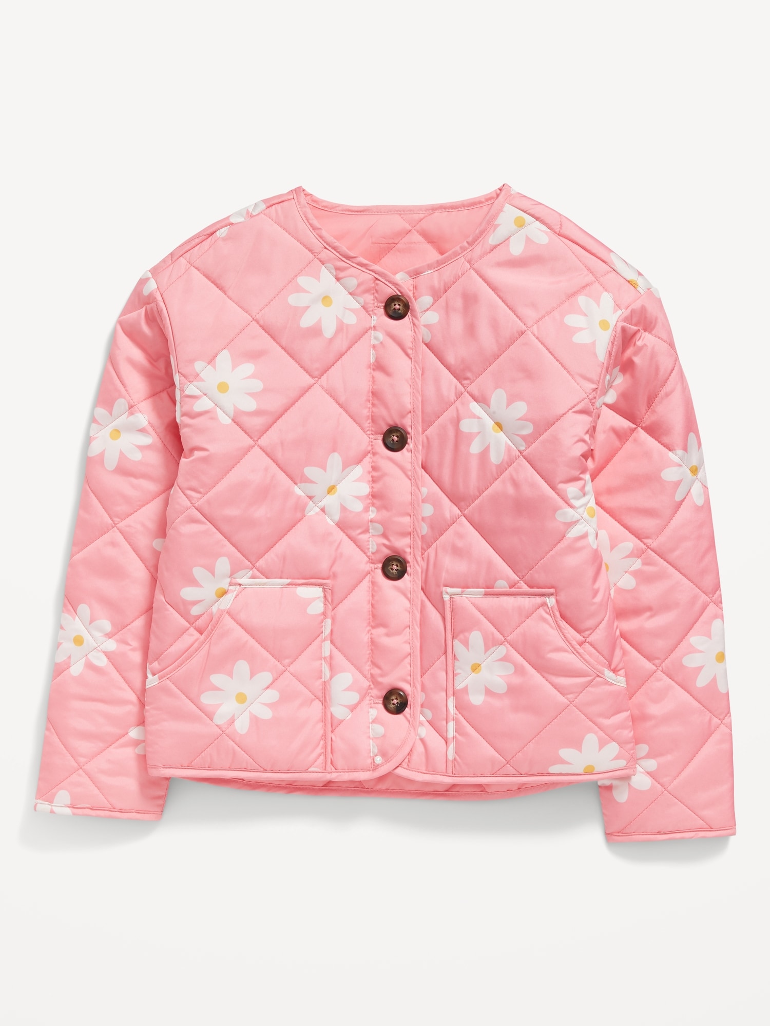 Old Navy Collarless Quilted Printed Button-Front Jacket for Girls pink. 1