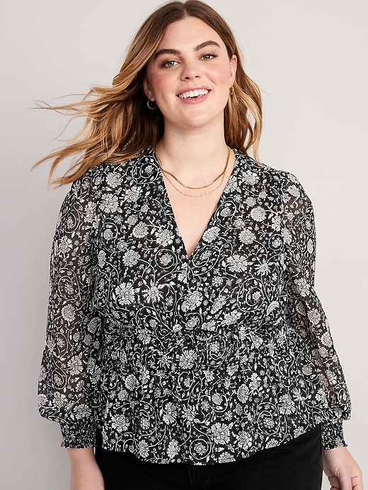 Image number 7 showing, Puff-Sleeve Floral-Print Smocked Tie-Front Blouse