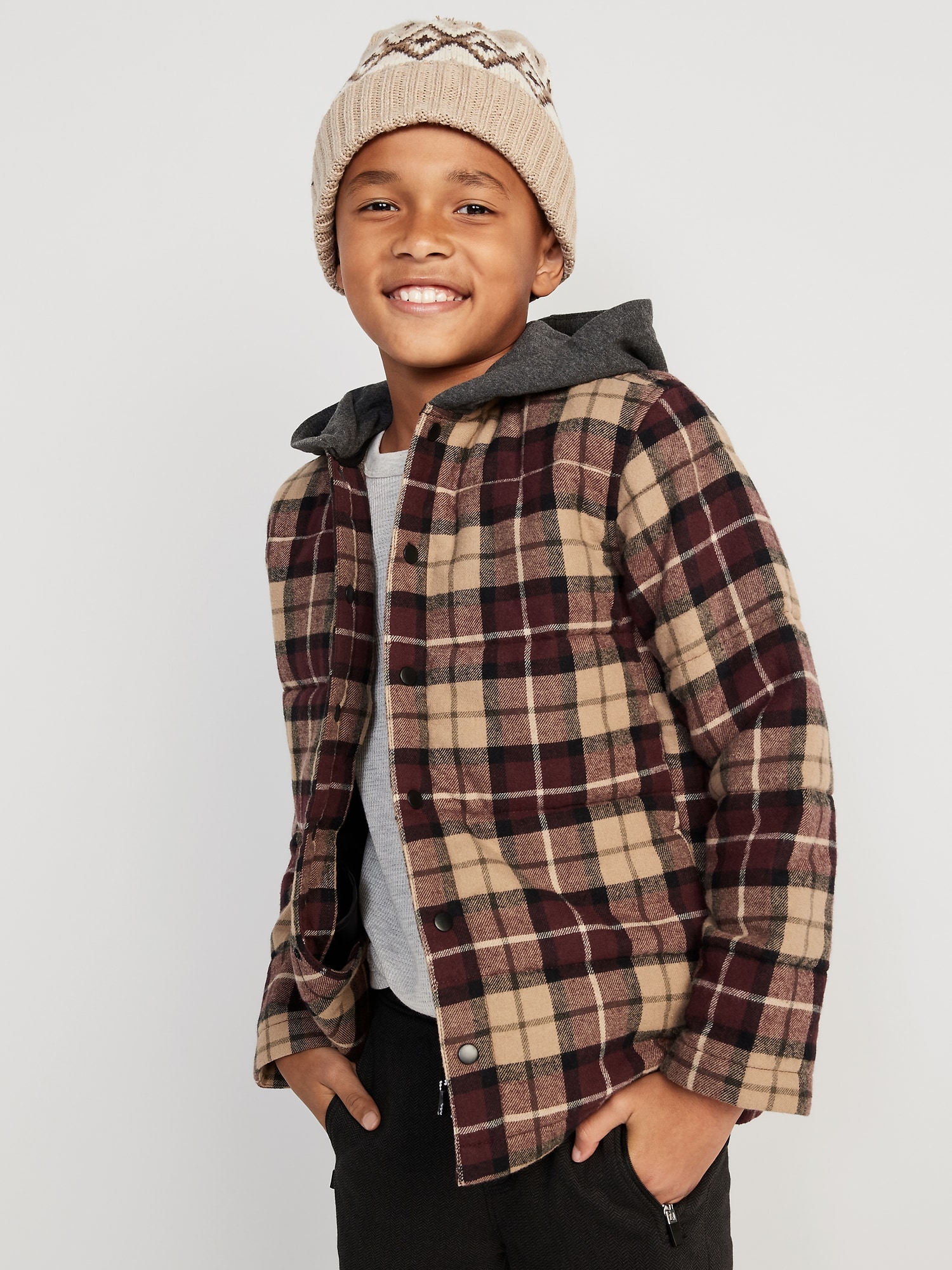Hooded Puffer Flannel Shacket for Boys