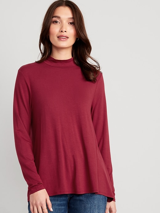 Image number 1 showing, Long-Sleeve Luxe Mock-Neck Swing T-Shirt for Women