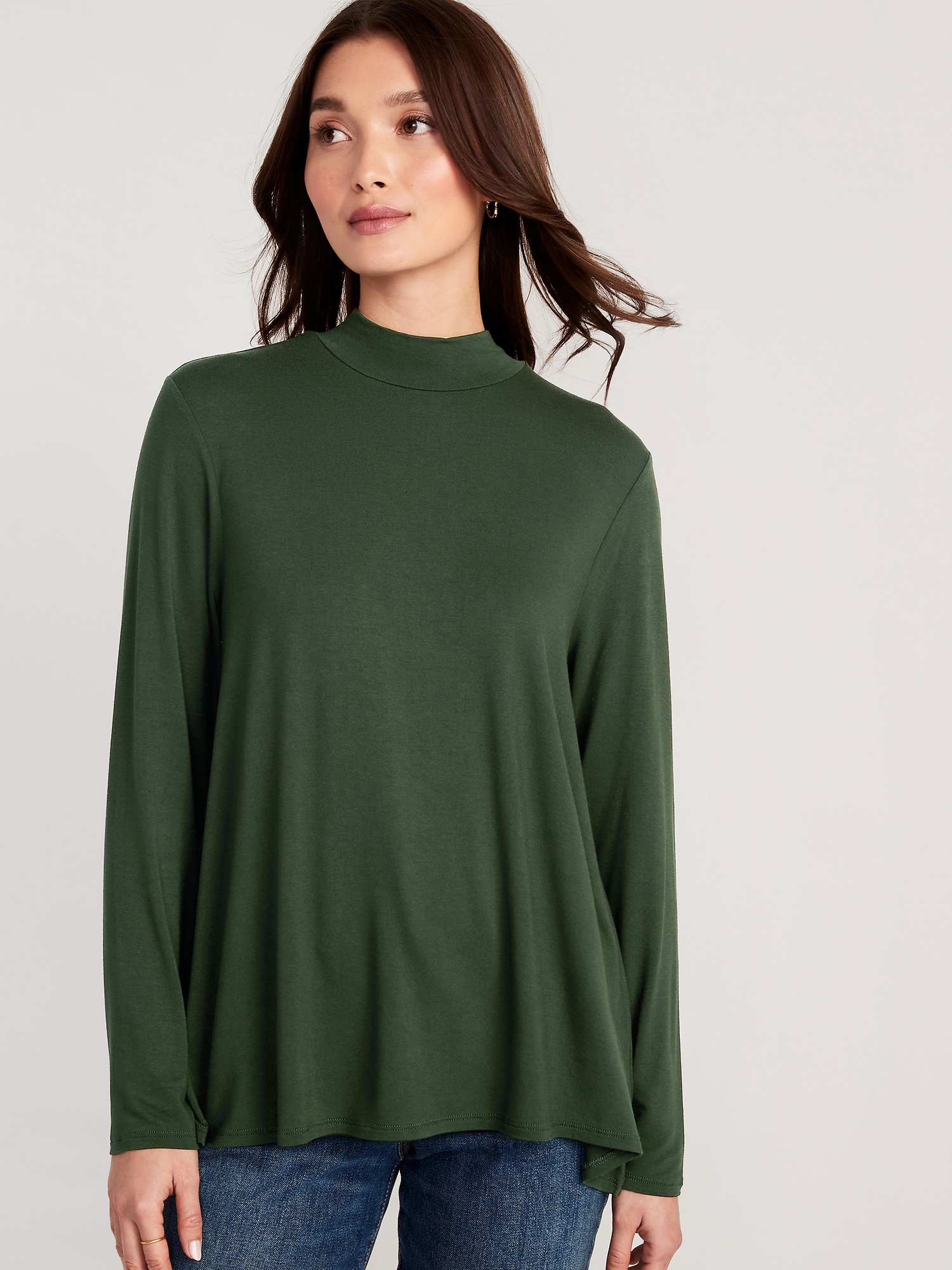 Old Navy Long-Sleeve Luxe Mock-Neck Swing T-Shirt for Women green. 1