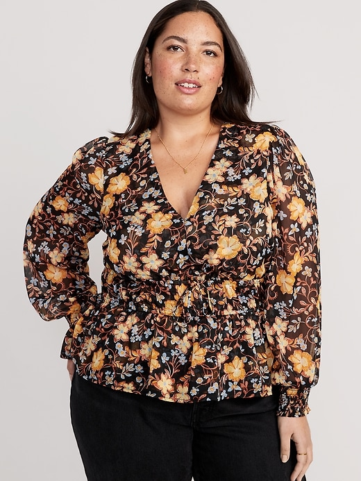 Image number 7 showing, Puff-Sleeve Floral-Print Smocked Tie-Front Blouse for Women