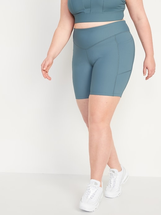 Image number 5 showing, High-Waisted PowerSoft Rib-Knit Side-Pocket Compression Biker Shorts -- 8-inch inseam