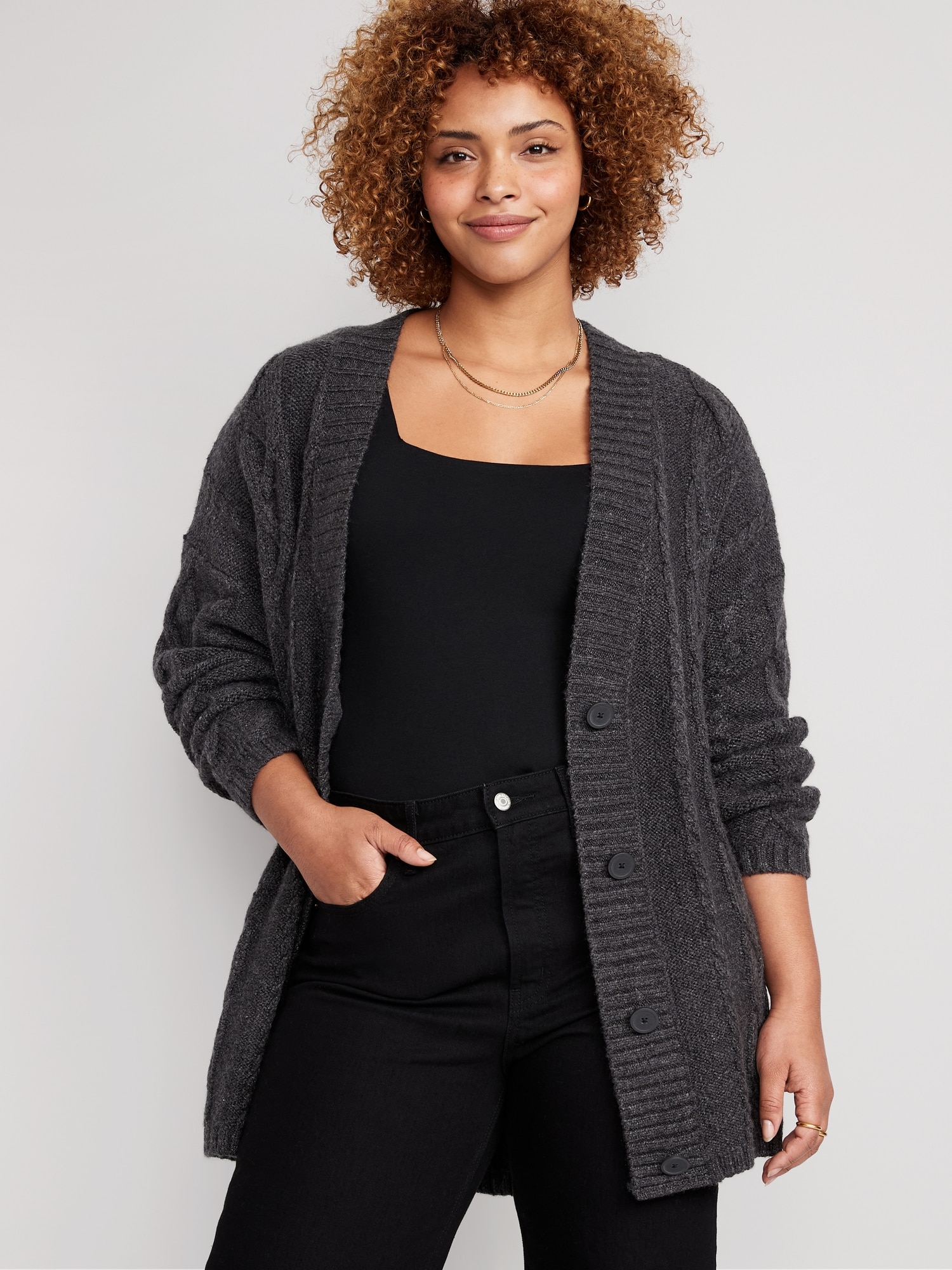 Old | Cardigan Chunky for Sweater Women Navy Cable-Knit Oversized