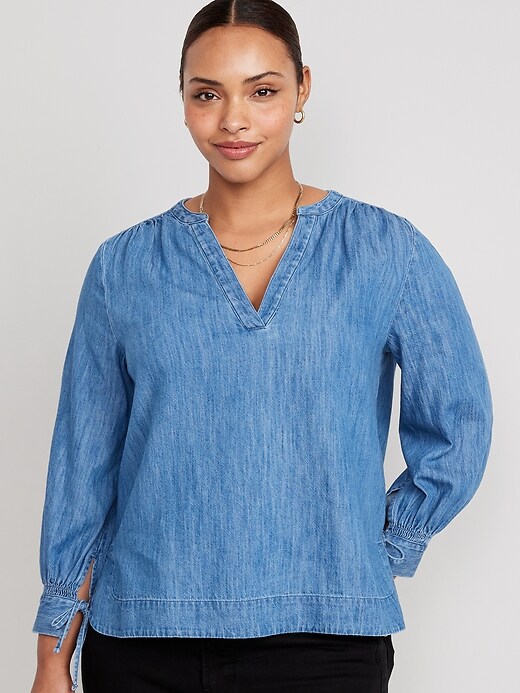 Image number 5 showing, Split-Neck Puff-Sleeve Jean Blouse for Women