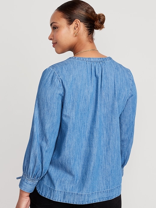 Image number 6 showing, Split-Neck Puff-Sleeve Jean Blouse for Women