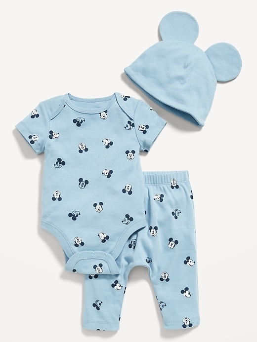 View large product image 1 of 3. Unisex Disney© Mickey Mouse 3-Piece  Bodysuit, Pants & Hat Layette for Baby