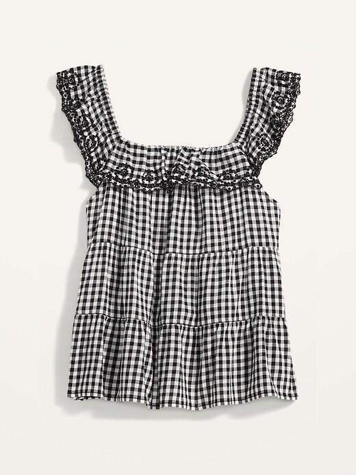 View large product image 1 of 2. Sleeveless Tiered Ruffled Gingham Swing Blouse