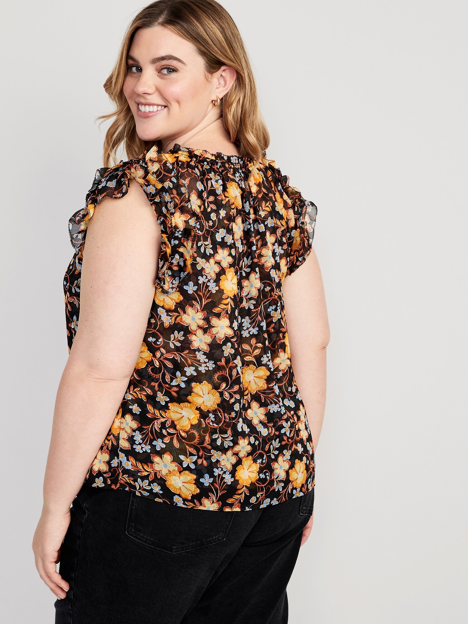 Floral-Print Flutter-Sleeve Plus-Size Blouse, Old Navy