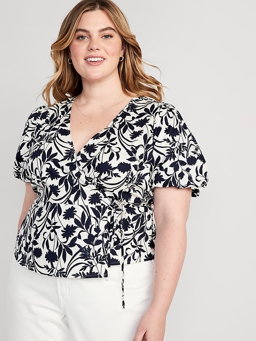 Waist-Defined Puff-Sleeve Tie-Wrap Blouse for Women | Old Navy