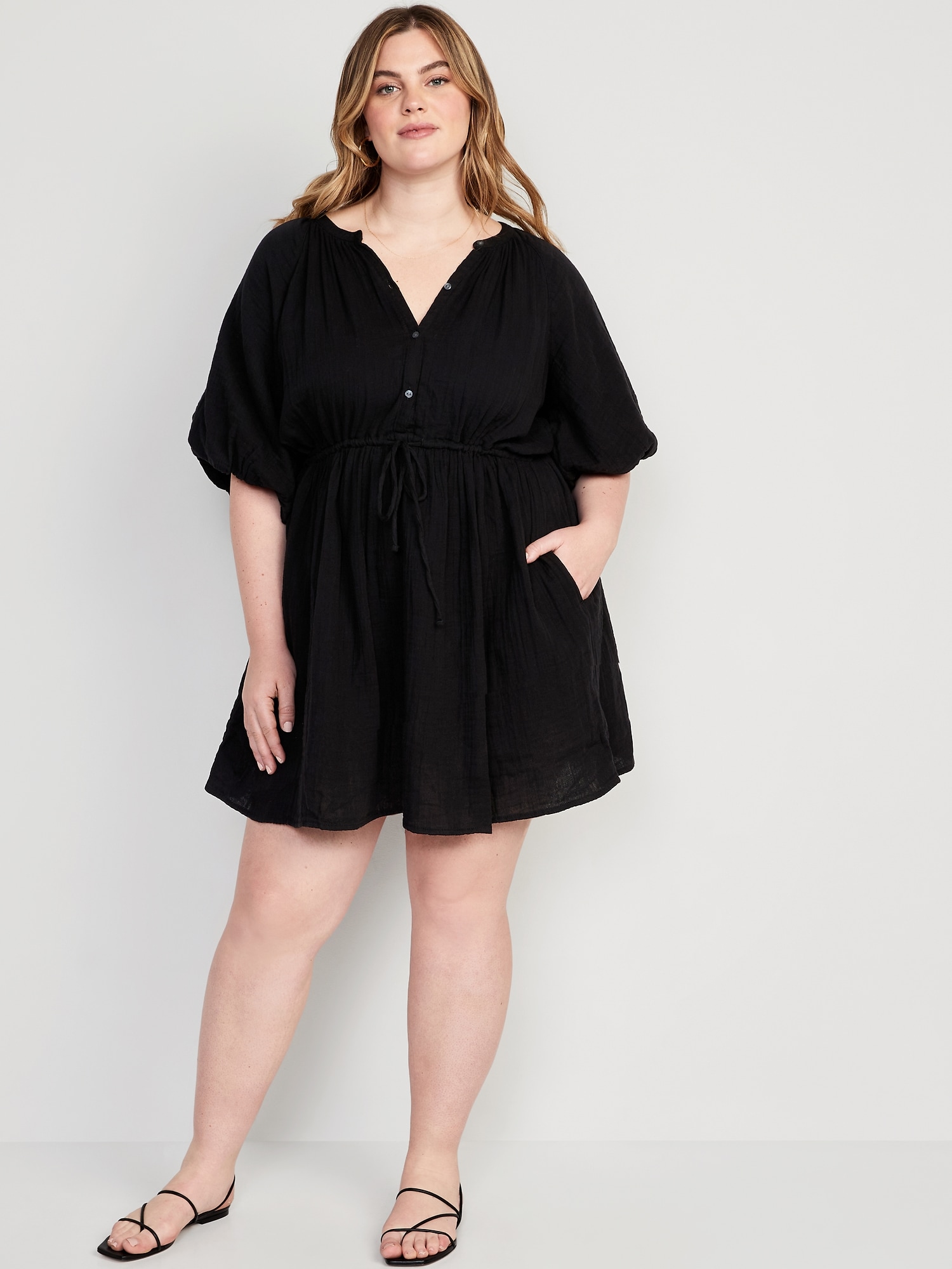 Waist-Defined Puff-Sleeve Mini Dress | Old Navy