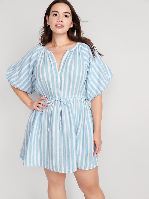 Image number 5 showing, Waist-Defined Puff-Sleeve Printed Mini Shirt Dress