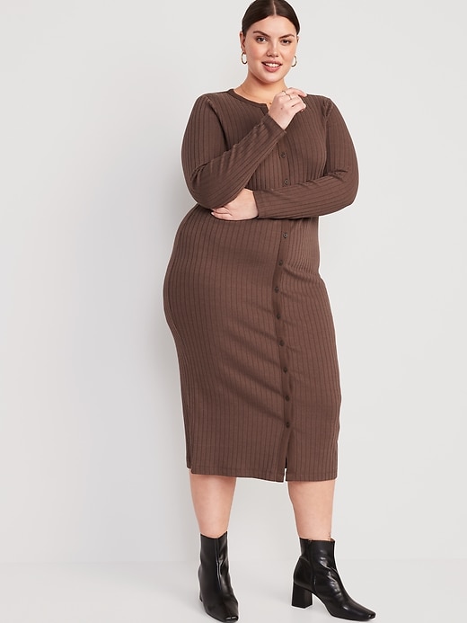 Image number 7 showing, Fitted Rib-Knit Midi Button-Front Dress