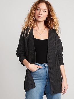 Oversized Chunky Cable-Knit Cardigan Navy | Women for Old Sweater