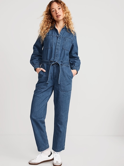 Image number 1 showing, Collarless Jean Utility Jumpsuit for Women