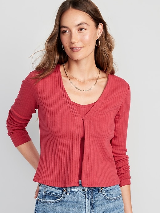 Image number 1 showing, Rib-Knit Matching Single-Button Cardigan Sweater
