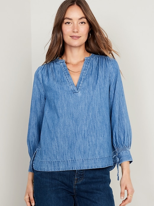 Image number 1 showing, Split-Neck Puff-Sleeve Jean Blouse for Women