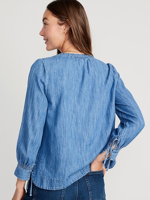 Image number 2 showing, Split-Neck Puff-Sleeve Jean Blouse for Women