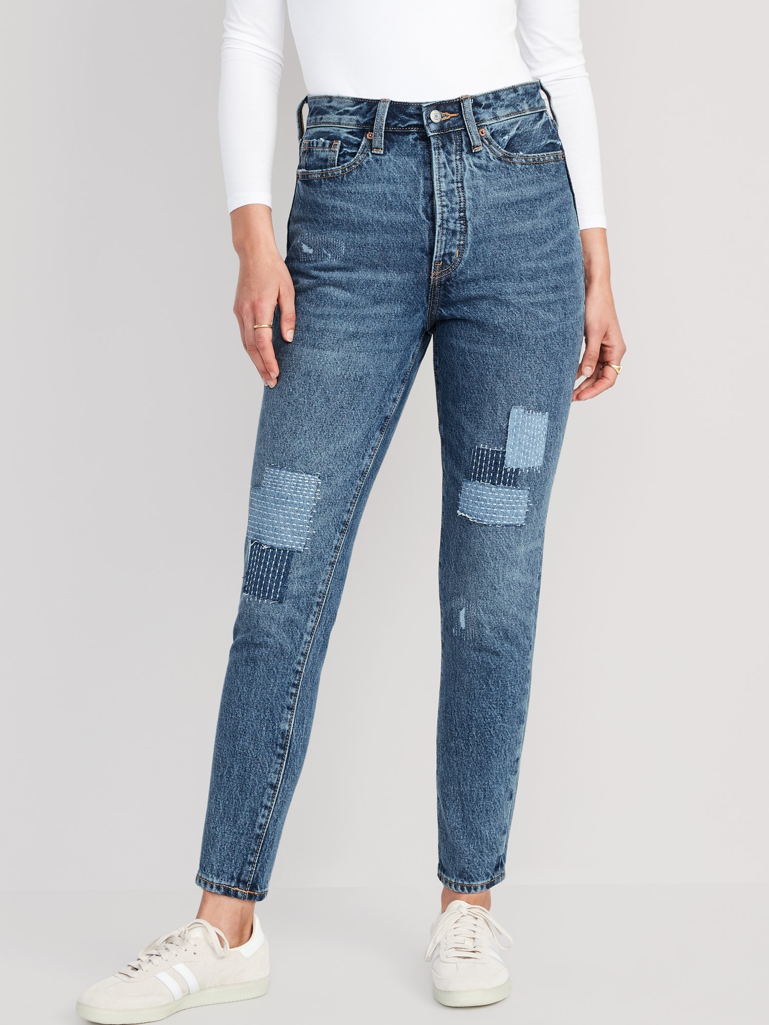 Old Navy Higher High-Waisted Button-Fly OG Straight Patchwork Non-Stretch Jeans for Women blue. 1