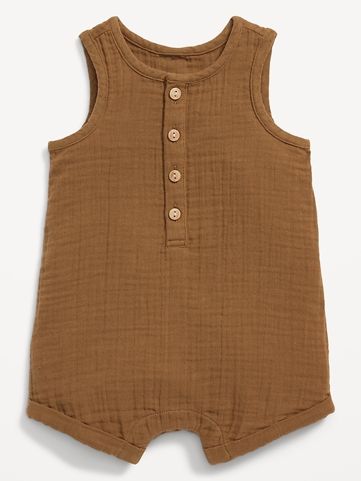View large product image 1 of 1. Unisex Sleeveless Henley Romper for Baby