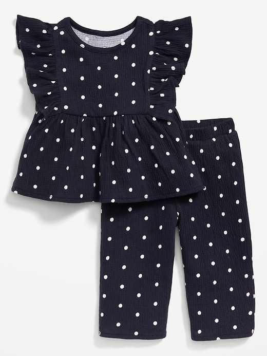 View large product image 1 of 1. Sleeveless Ruffle-Trim Printed Top & Wide-Leg Pants Set for Baby
