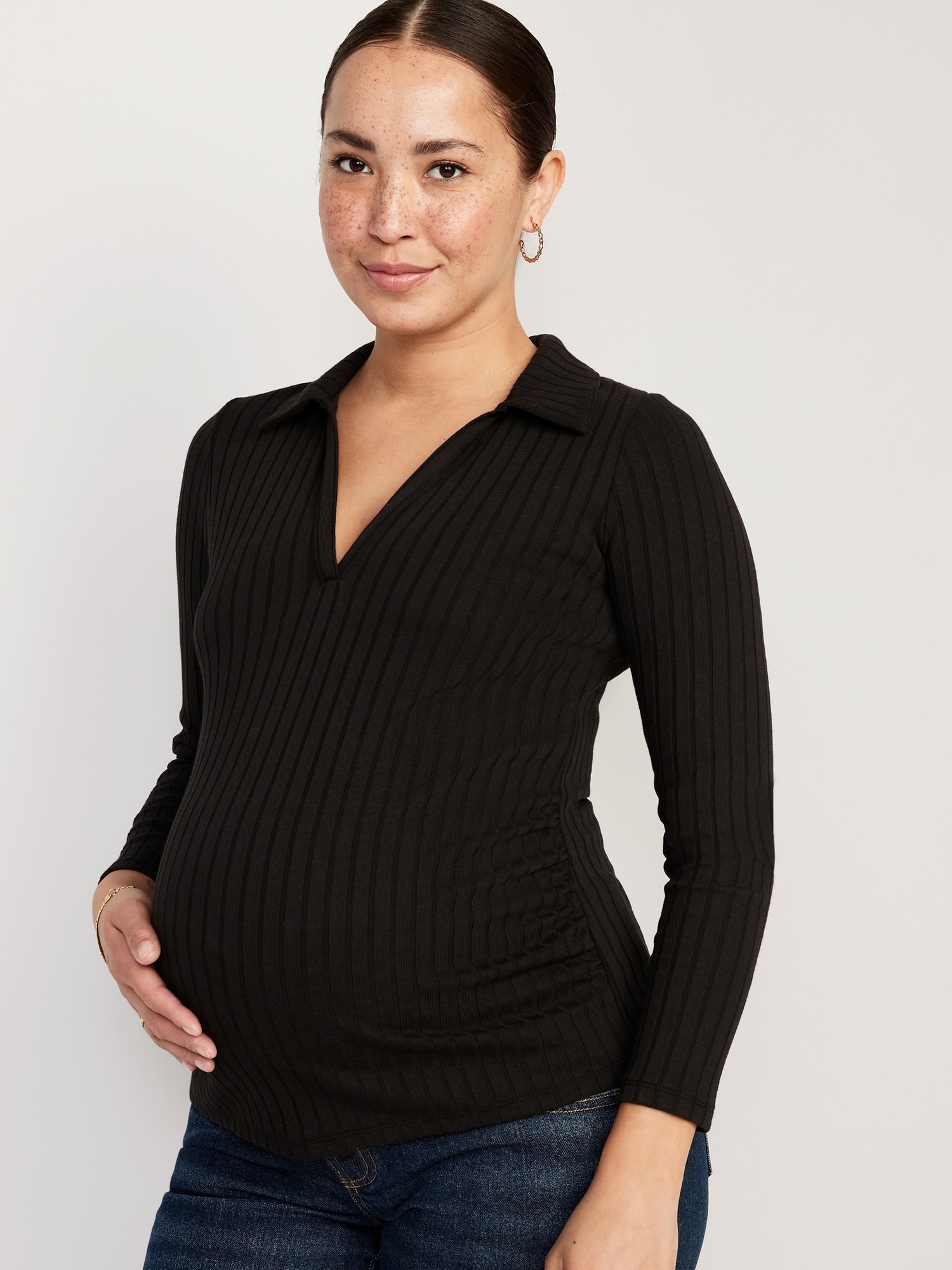 Maternity Long-Sleeve Fitted Rib-Knit Polo Shirt