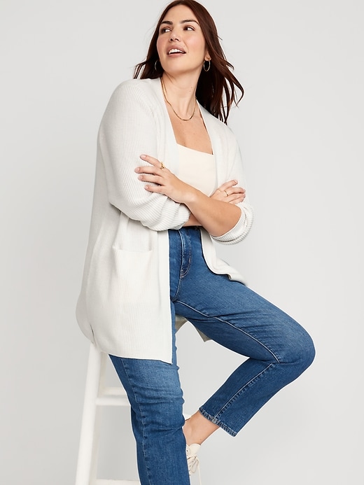 Shaker-Stitch Long-Line Open-Front Sweater for Women