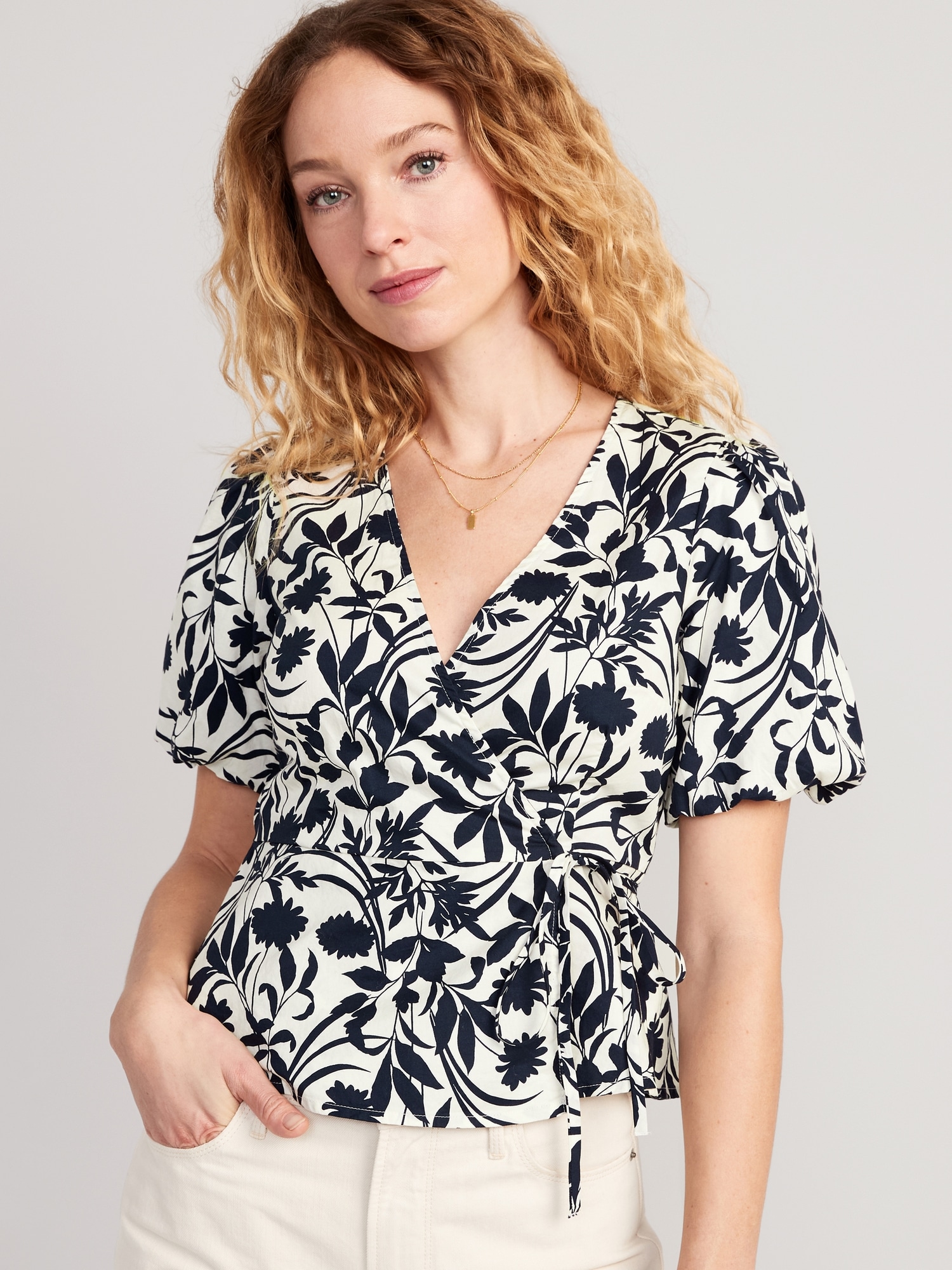 Waist-Defined Puff-Sleeve Tie-Wrap Blouse for Women | Old Navy