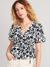 Waist-Defined Puff-Sleeve Tie-Wrap Blouse | Old Navy