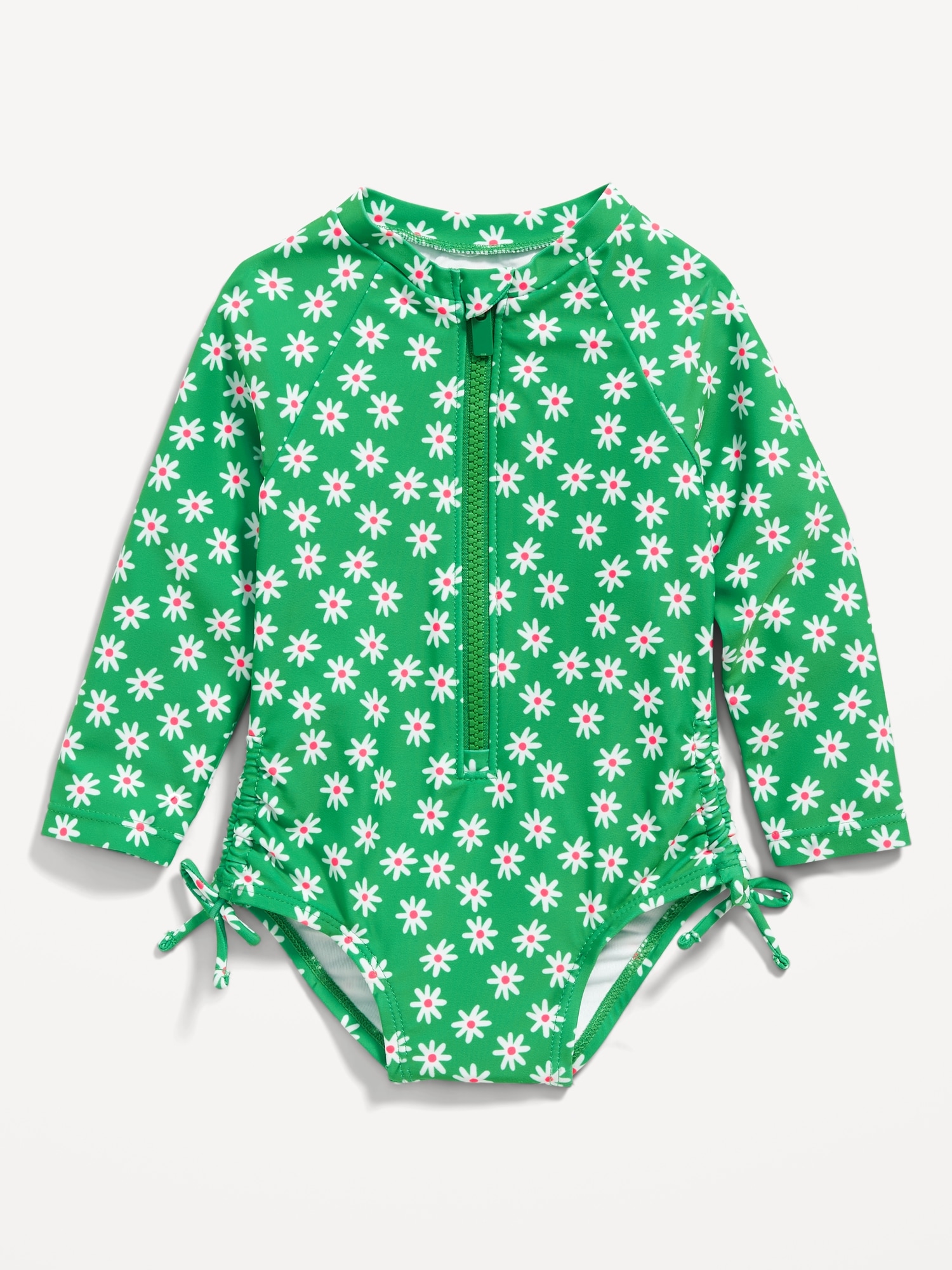 Old Navy Long-Sleeve Side-Tie One-Piece Rashguard Swimsuit for Baby green. 1