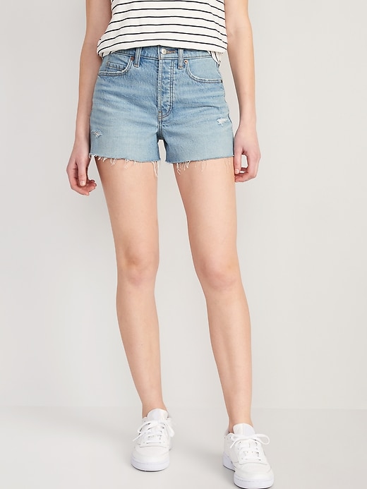 Image number 1 showing, Higher High-Waisted Button-Fly Sky-Hi A-Line Cut-Off Jean Shorts -- 3-inch inseam