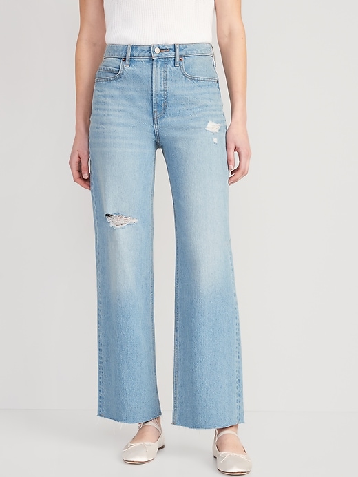 Image number 1 showing, Extra High-Waisted Cut-Off Wide-Leg Jeans