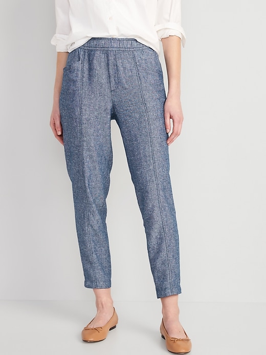 Image number 1 showing, High-Waisted Chambray Cropped Linen-Blend Tapered Pants