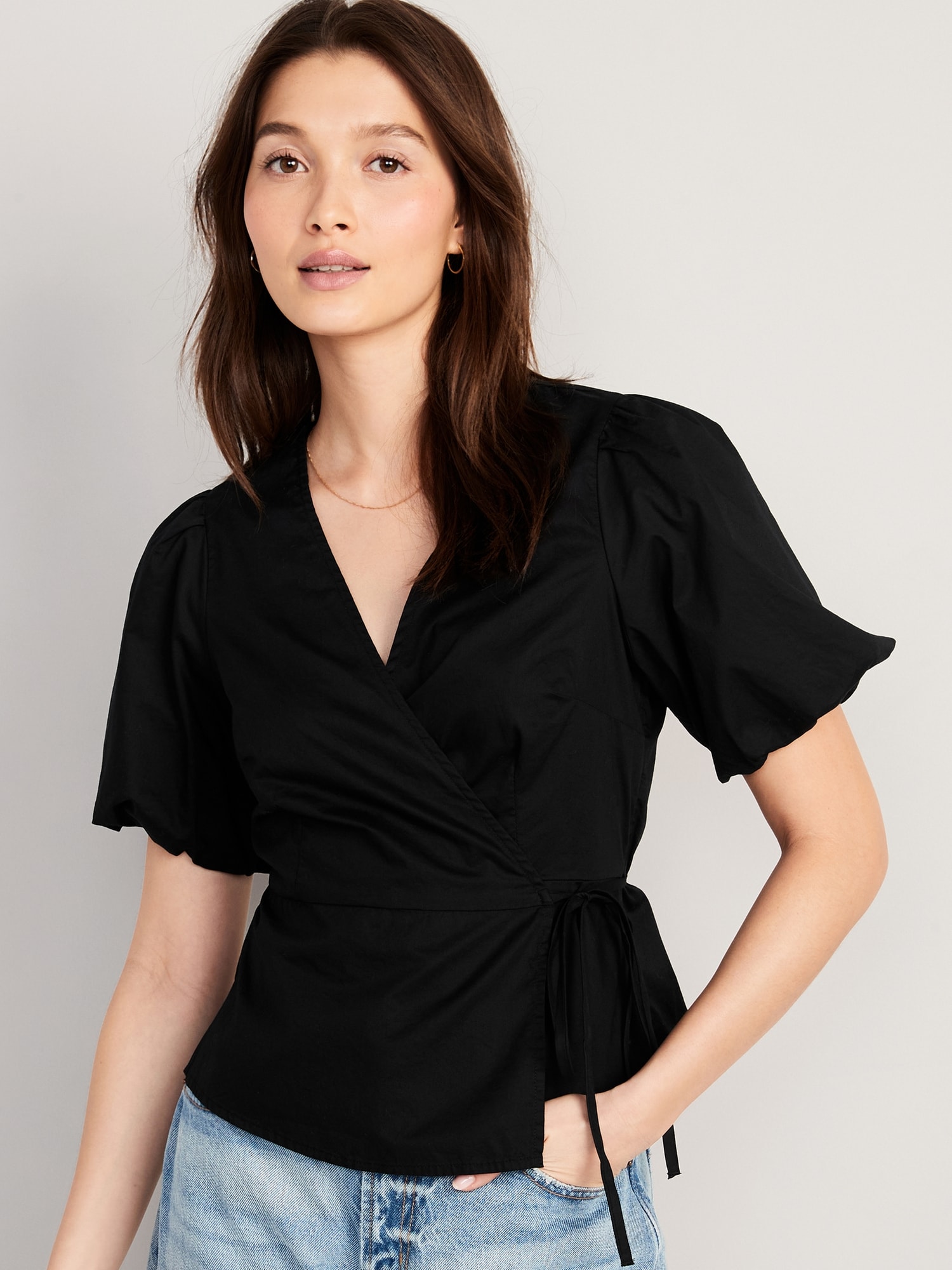 Old Navy Waist-Defined Puff-Sleeve Tie-Wrap Blouse for Women black. 1